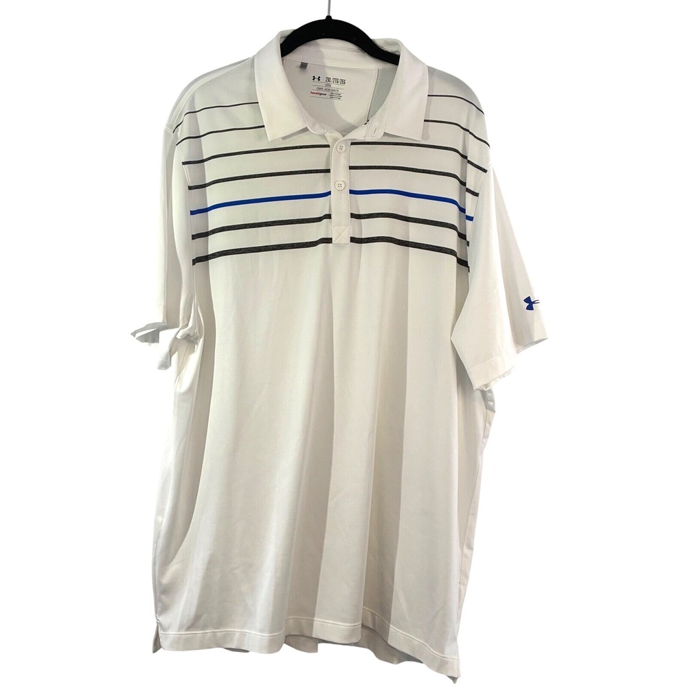 Under Armour Polo Mens 2XL White Stripe HeatGear Golf Performance Shirt Athletic